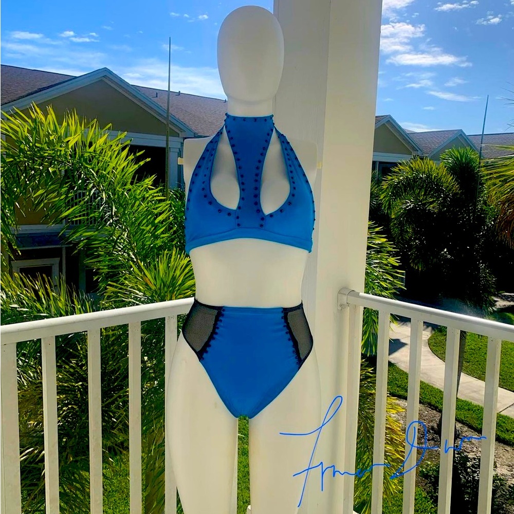 BLUE HIGHWAISTED BIKINI HANDMADE FANCY BY FRANCESCA WATSON SAMPLE SALE